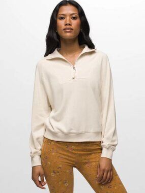 Prana Cozy Up Pullover Womens Medium Spiced Heather Beige Hemp Quarter Zip Boho